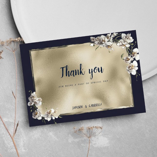 Glam navy blauen goldblauen Orchideenblume Danke Einladung (Glam navy blue gold white orchid flower Thank You )