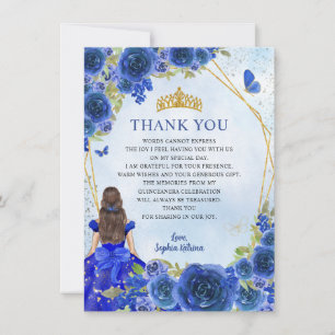 Glam Navy Blue Gold Floral Princess Quinceañera Dankeskarte