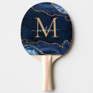 Glam Navy Blue Gold Glitzer Agate Geode Monogram Tischtennis Schläger