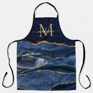 Glam Navy Blue Gold Glitzer Agate Geode Monogramm Schürze