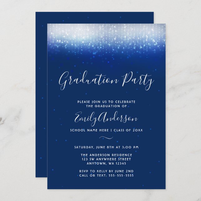 Glam Navy Blue Graduation Party Einladung (Vorne/Hinten)