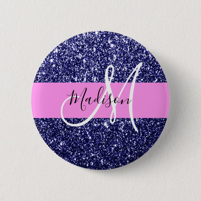 Glam Navy Blue Pink Glitzer Glitzern Name Monogram Button (Vorderseite)