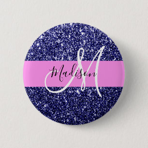 Glam Navy Blue Pink Glitzer Glitzern Name Monogram Button