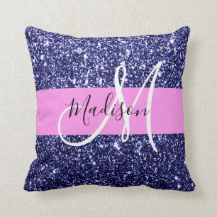 Glam Navy Blue Pink Glitzer Glitzern Name Monogram Kissen