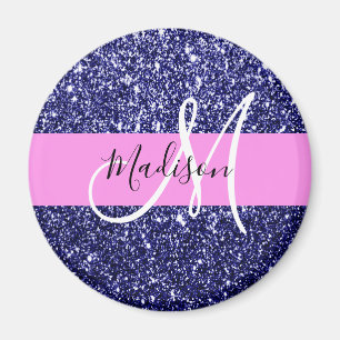 Glam Navy Blue Pink Glitzer Glitzern Name Monogram Magnet