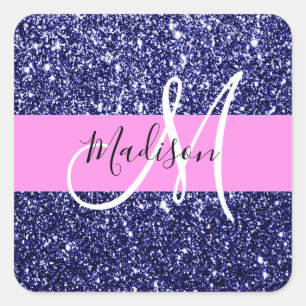 Glam Navy Blue Pink Glitzer Glitzern Name Monogram Quadratischer Aufkleber