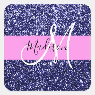 Glam Navy Blue Pink Glitzer Glitzern Name Monogram Quadratischer Aufkleber