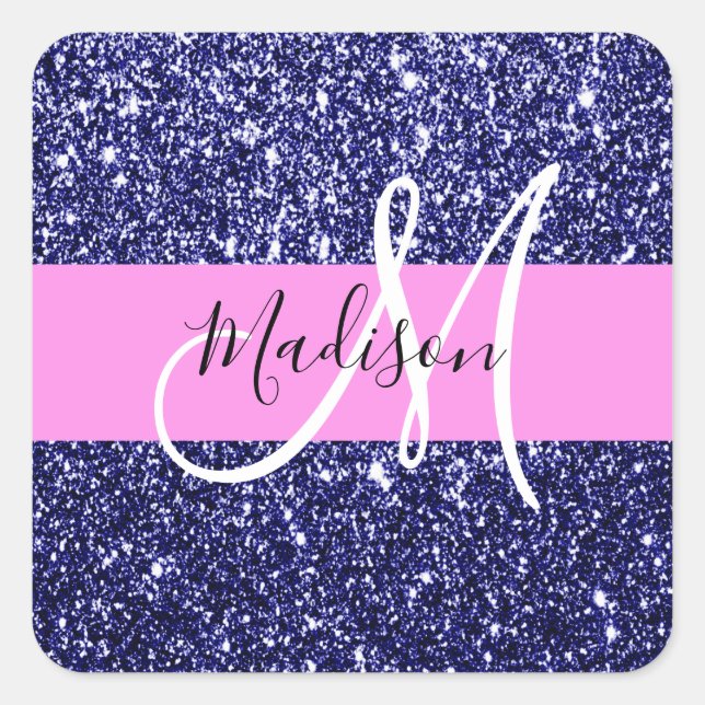 Glam Navy Blue Pink Glitzer Glitzern Name Monogram Quadratischer Aufkleber (Vorderseite)