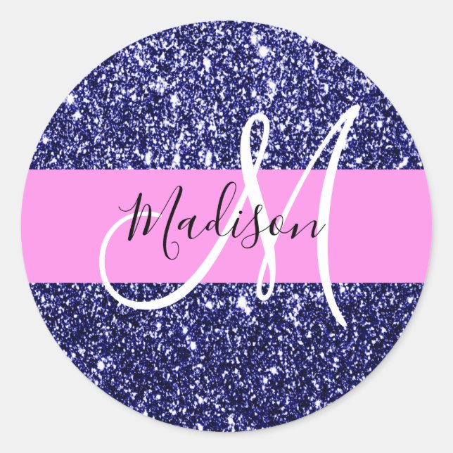Glam Navy Blue Pink Glitzer Glitzern Name Monogram Runder Aufkleber (Vorderseite)
