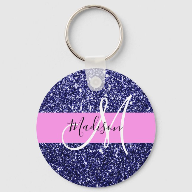 Glam Navy Blue Pink Glitzer Glitzern Name Monogram Schlüsselanhänger (Vorderseite)