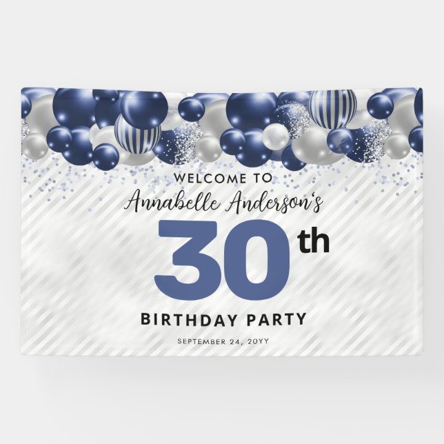 Glam Navy Blue Silver Balloon Glitzer Willkommen Banner (Horizontal)
