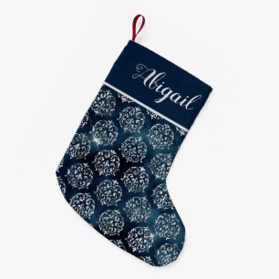 Glam Navy Blue Silver Damask Personalisiert Kleiner Weihnachtsstrumpf