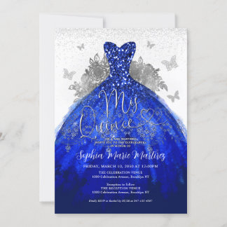 Glam Navy Blue Silver Dress Mis Quince Quinceañera Einladung