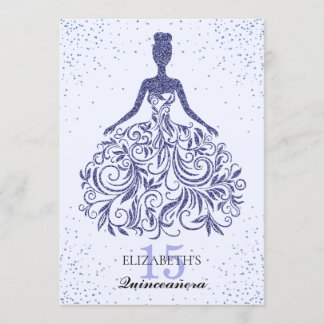 Glam Navy Blue Sparkle Dress Quinceañera Glitzer Einladung