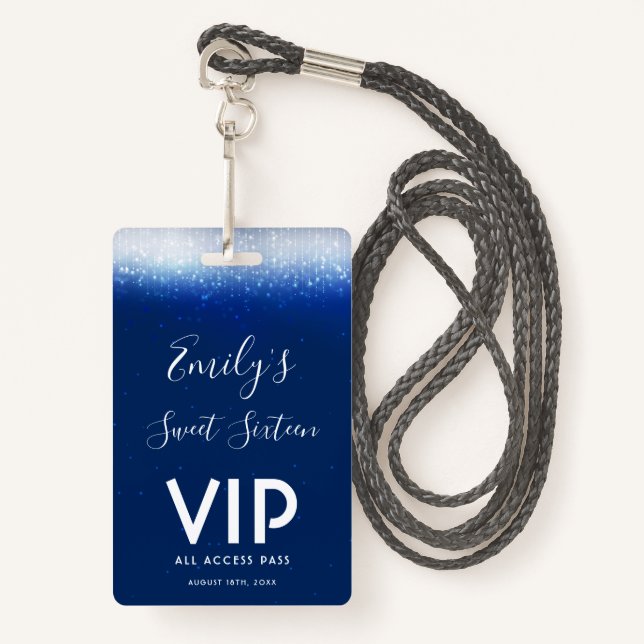 Glam Navy Blue Sweet 16 Einladung VIP Pass Ausweis (Vorderseite mit Schlüsselband)