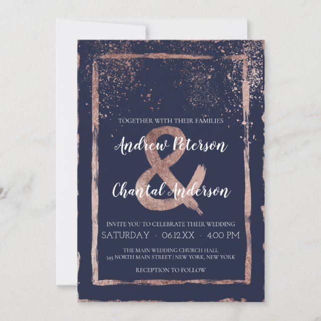 Glam Navy Rose Gold Confetti Brushstroke Wedding Einladung (Vorderseite)