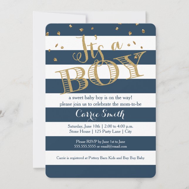 Glam Navy Rugby Stripe Boy Babydusche Einladung (Vorderseite)