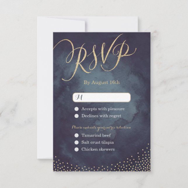 Glam Night Gold Glitzer Kalligraphie Hochzeit RSVP (Vorderseite)