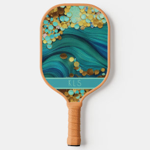 Glam Ocean Waves Aquamarin & Gold Monogram Pickleball Schläger