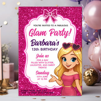 Glam Party Geburtstag für Mädchen mit rosa Glitzer Einladung