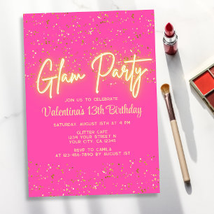 Glam Party Modern Hot Pink Neon Glow Girl Geburtst Einladung