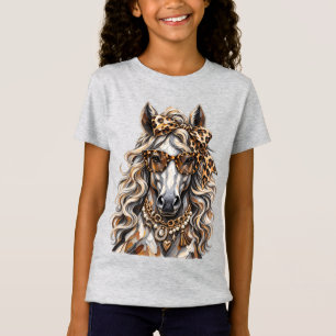 Glam Pferd Leoparden-Druck Goldkette Bling T-Shirt