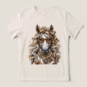 Glam-Pferd Leopardendruck Goldkette Statement Tri-Blend Shirt