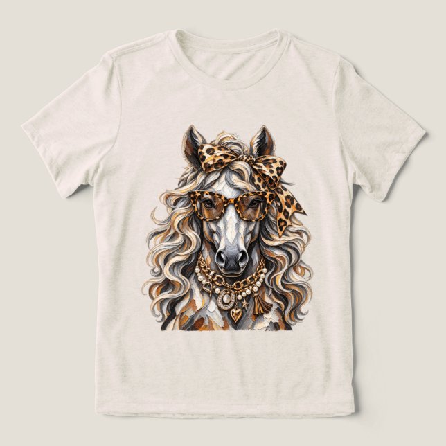 Glam-Pferd Leopardendruck Goldkette Statement  Tri-Blend Shirt (Design Vorderseite)