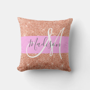 Glam Pfirsichfarbener Glitzer Monogramm Name Kissen