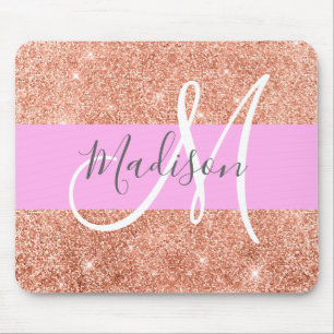 Glam Pfirsichfarbener Glitzer Monogramm Name Mousepad