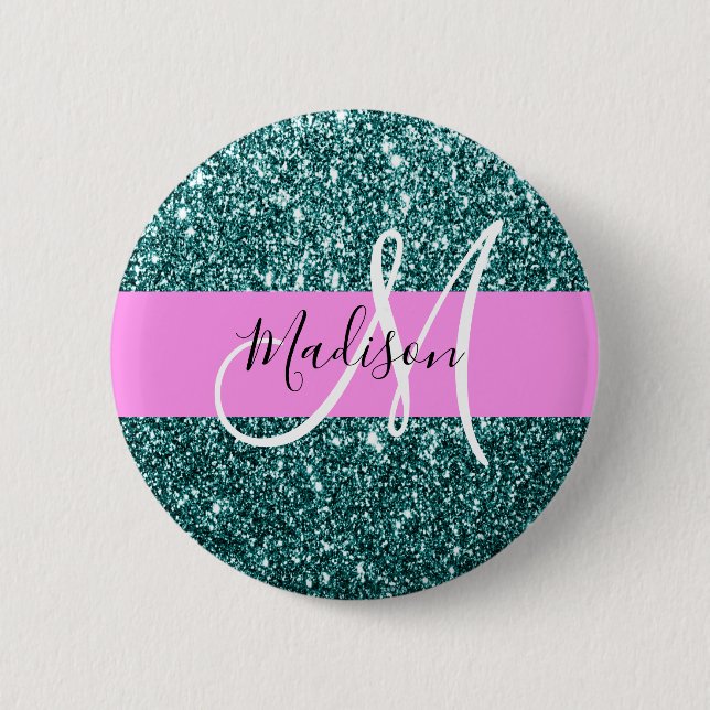 Glam Pink Aquamarin Green Glitzer Sparkname Monogr Button (Vorderseite)