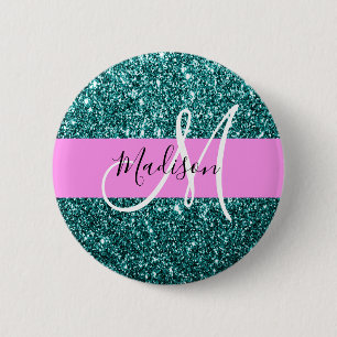 Glam Pink Aquamarin Green Glitzer Sparkname Monogr Button