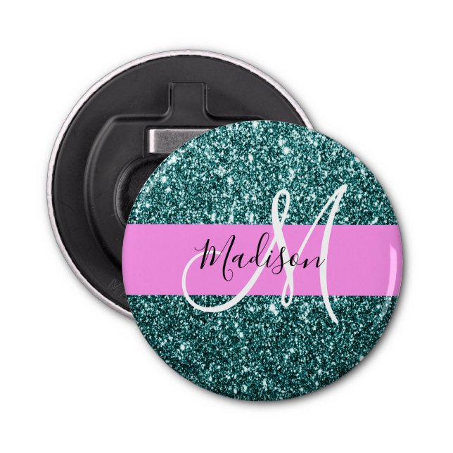 Glam Pink Aquamarin Green Glitzer Sparkname Monogr Flaschenöffner (Vorderseite)