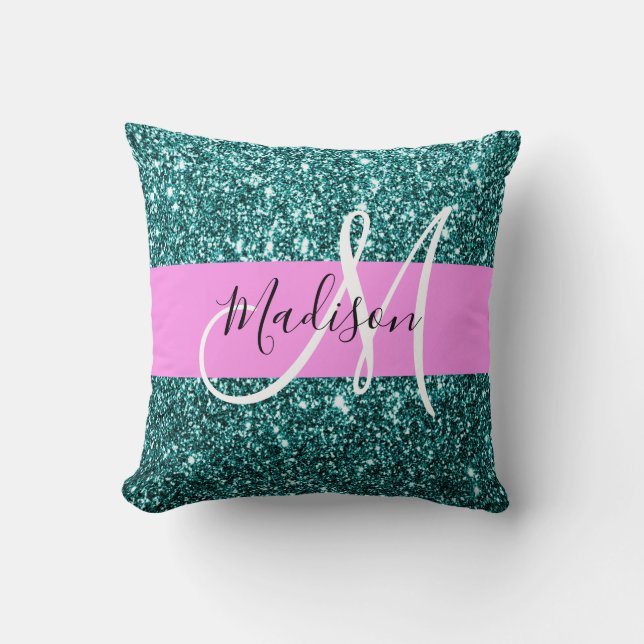 Glam Pink Aquamarin Green Glitzer Sparkname Monogr Kissen (Vorderseite)