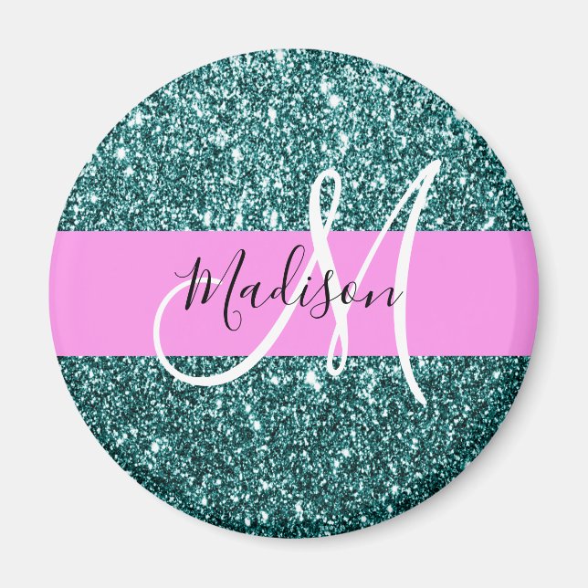 Glam Pink Aquamarin Green Glitzer Sparkname Monogr Magnet (Vorne)