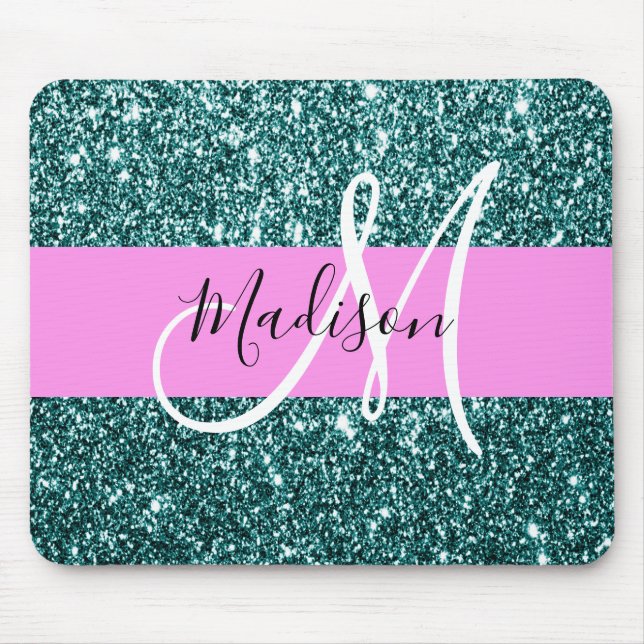 Glam Pink Aquamarin Green Glitzer Sparkname Monogr Mousepad (Vorne)