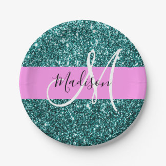 Glam Pink Aquamarin Green Glitzer Sparkname Monogr Pappteller