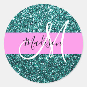 Glam Pink Aquamarin Green Glitzer Sparkname Monogr Runder Aufkleber