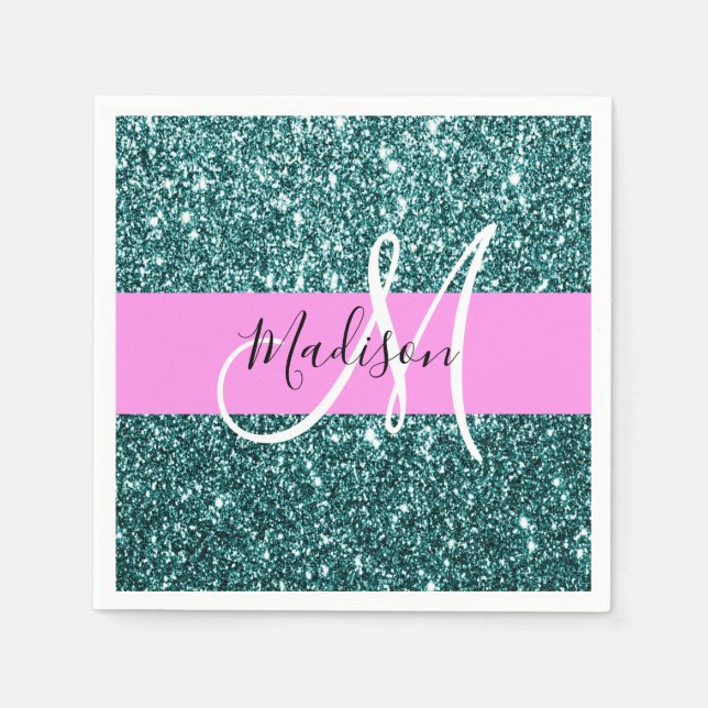 Glam Pink Aquamarin Green Glitzer Sparkname Monogr Serviette (Vorderseite)