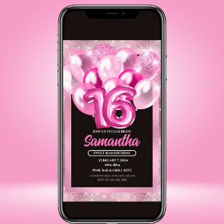 Glam Pink Balloons Sweet 16 Birthday Einladung