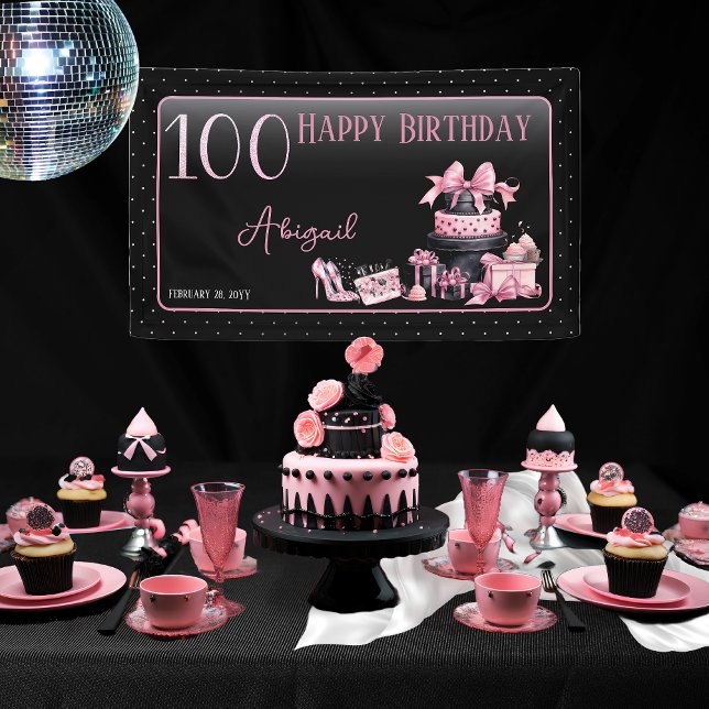Glam Pink Black Fashion 100th Birthday Party Banner (Glam Pink and Black French Couture Fashion 100th Birthday Party Banner)