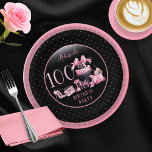 Glam Pink Black Fashion 100th Birthday Party Pappteller<br><div class="desc">Glamorous French couture-inspired,  pink and black "100" 100th birthday design featuring a hat box cake,  pink stilettos and a makeup bag among various unopened birthday presents and luscious cupcakes.  Perfect for celebrating birthday occasions.  Age is created in an uneditable faux pink glitter fon</div>