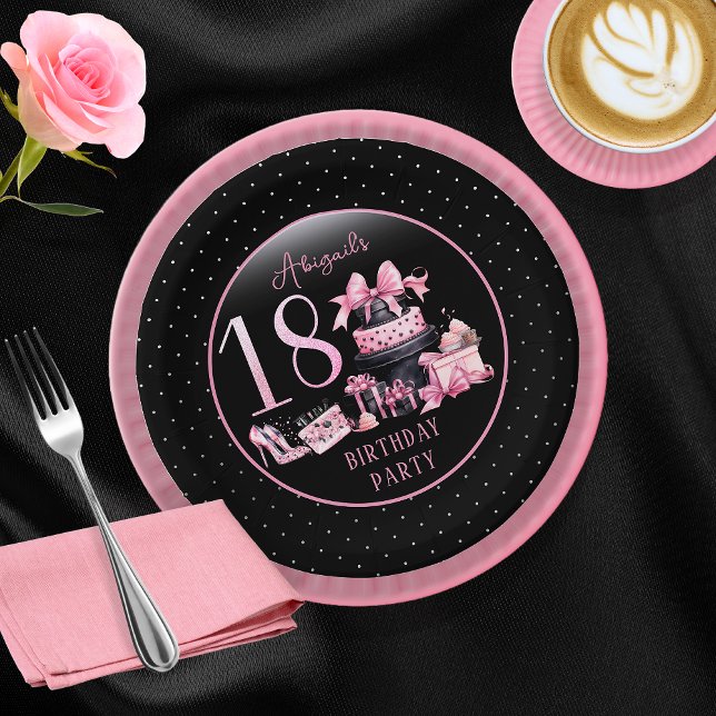 Glam Pink Black Fashion 18th Birthday Party Pappteller (Glam Pink and Black French Couture Fashion 18th Birthday Party Paper Plates)