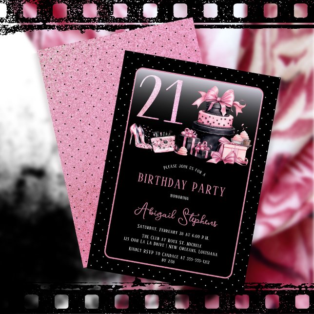 Glam Pink Black Fashion 21. Geburtstag Party Einladung (Glam Pink and Black French Couture Fashion 21st Birthday Party Invitation)