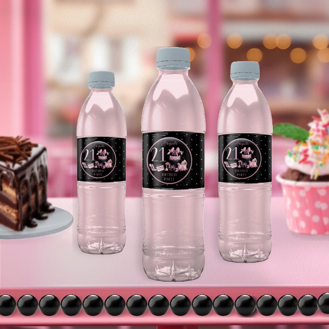 Glam Pink Black Fashion 21. Geburtstag Party Wasserflaschenetikett (Glam Pink and Black French Couture Fashion 21st Birthday Party Water Bottle Labels)