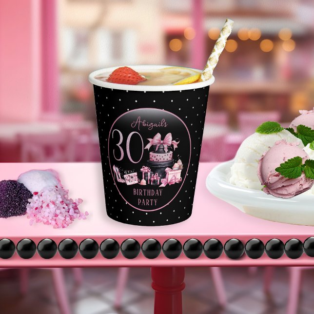 Glam Pink Black Fashion 30. Geburtstag Party Pappbecher (Glam Pink and Black French Couture Fashion 30th Birthday Party Paper Cups)