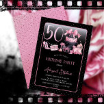 Glam Pink Black Fashion 50th Birthday Party Einladung<br><div class="desc">Glamorous French couture-inspired, pink and black "50" 50th birthday design featuring a hat box cake, pink stilettos and a makeup bag among various unopened birthday presents and luscious cupcakes. Perfect for celebrating birthday occasions. Age is created in an uneditable faux pink glitter font. Please message designer if you need this...</div>