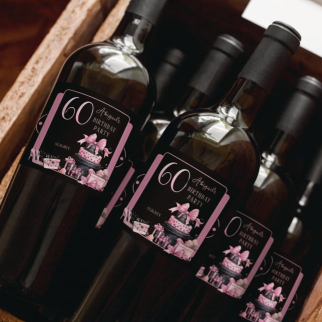 Glam Pink Black Fashion 60. Geburtstagsparty (Glam Pink and Black French Couture Fashion 60th Birthday Party Bottle Labels)