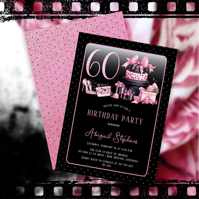 Glam Pink Black Fashion 60th Birthday Party Einladung (Glam Pink and Black French Couture Fashion 60th Birthday Party Invitation)