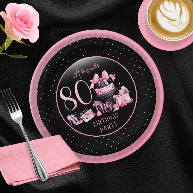 Glam Pink Black Fashion 80th Birthday Party Pappteller (Glam Pink and Black French Couture Fashion 80th Birthday Party Paper Plates)